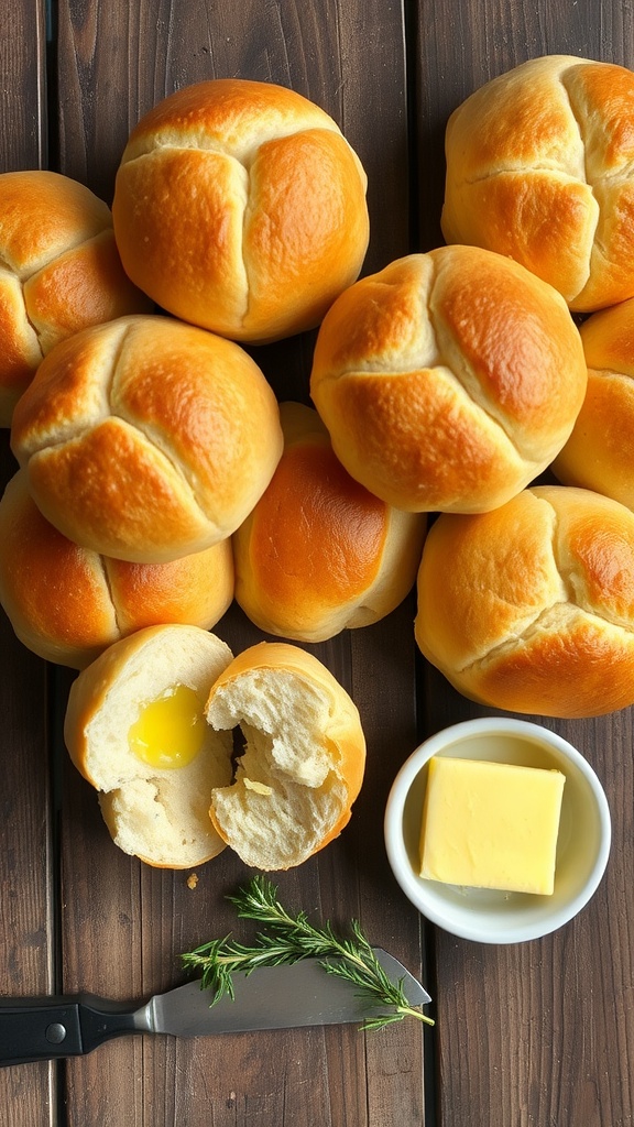 Freshly baked soft dinner rolls on a wooden table, with butter and rosemary.
